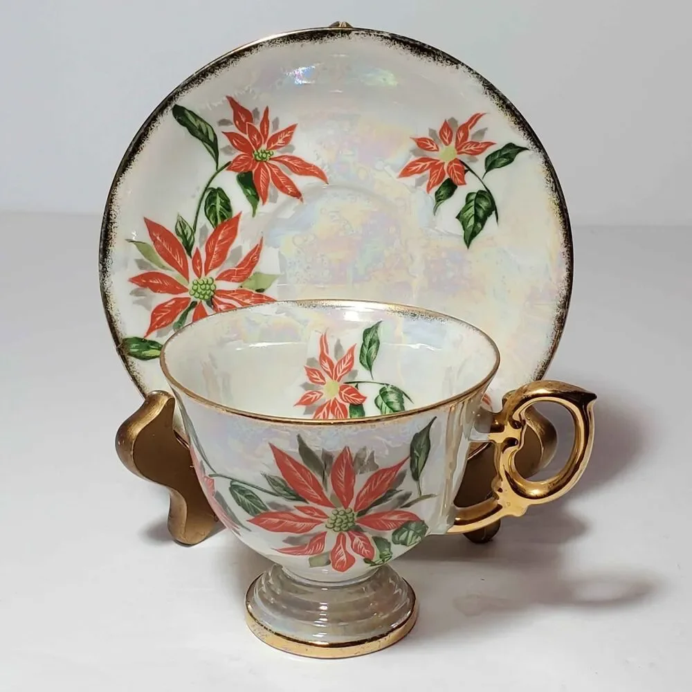 December Poinsettia Teacup and Saucer Christmas Holiday Vintage